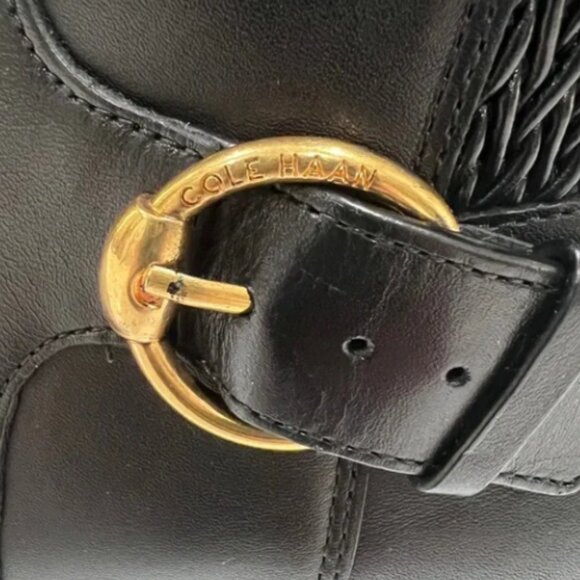 Cole Haan Clover Black Leather Riding Boots Stretch Gold Buckle Tall 7.5 NEW - Picture 5 of 5